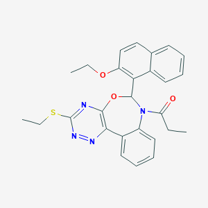 molecular formula C27H26N4O3S B307720 6-(2-Ethoxy-1-naphthyl)-3-(ethylsulfanyl)-7-propionyl-6,7-dihydro[1,2,4]triazino[5,6-d][3,1]benzoxazepine 