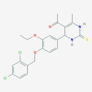 molecular formula C22H22Cl2N2O3S B307755 1-(4-{4-[(2,4-Dichlorobenzyl)oxy]-3-ethoxyphenyl}-6-methyl-2-thioxo-1,2,3,4-tetrahydro-5-pyrimidinyl)ethanone 