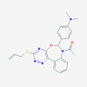molecular formula C23H23N5O2S B307761 N-{4-[7-acetyl-3-(allylsulfanyl)-6,7-dihydro[1,2,4]triazino[5,6-d][3,1]benzoxazepin-6-yl]phenyl}-N,N-dimethylamine 