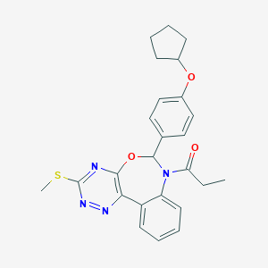 molecular formula C25H26N4O3S B307789 6-[4-(Cyclopentyloxy)phenyl]-3-(methylsulfanyl)-7-propionyl-6,7-dihydro[1,2,4]triazino[5,6-d][3,1]benzoxazepine 