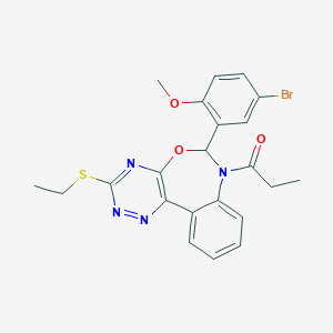 molecular formula C22H21BrN4O3S B307796 6-(5-Bromo-2-methoxyphenyl)-3-(ethylthio)-7-propionyl-6,7-dihydro[1,2,4]triazino[5,6-d][3,1]benzoxazepine 