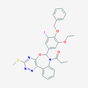 molecular formula C29H27IN4O4S B307803 6-[4-(Benzyloxy)-3-ethoxy-5-iodophenyl]-3-(methylsulfanyl)-7-propionyl-6,7-dihydro[1,2,4]triazino[5,6-d][3,1]benzoxazepine 