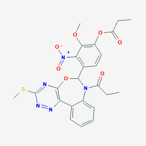 molecular formula C24H23N5O7S B307804 2-Methoxy-4-[3-(methylsulfanyl)-7-propanoyl-6,7-dihydro[1,2,4]triazino[5,6-d][3,1]benzoxazepin-6-yl]-3-nitrophenyl propanoate 