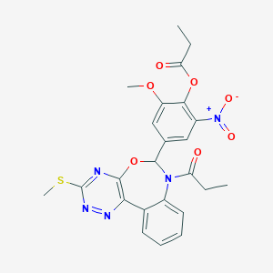 molecular formula C24H23N5O7S B307805 2-Methoxy-4-[3-(methylsulfanyl)-7-propanoyl-6,7-dihydro[1,2,4]triazino[5,6-d][3,1]benzoxazepin-6-yl]-6-nitrophenyl propanoate 