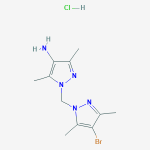 molecular formula C11H17BrClN5 B3078082 1-[(4-bromo-3,5-dimethyl-1H-pyrazol-1-yl)methyl]-3,5-dimethyl-1H-pyrazol-4-amine hydrochloride CAS No. 1049752-43-3