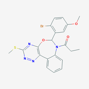 molecular formula C21H19BrN4O3S B307819 6-(2-Bromo-5-methoxyphenyl)-3-(methylthio)-7-propionyl-6,7-dihydro[1,2,4]triazino[5,6-d][3,1]benzoxazepine 