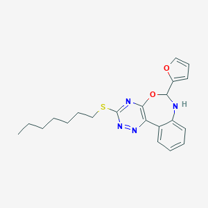 molecular formula C21H24N4O2S B307821 6-(2-Furyl)-3-(heptylthio)-6,7-dihydro[1,2,4]triazino[5,6-d][3,1]benzoxazepine 