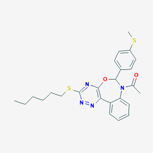molecular formula C25H28N4O2S2 B307831 1-[3-(hexylsulfanyl)-6-[4-(methylsulfanyl)phenyl][1,2,4]triazino[5,6-d][3,1]benzoxazepin-7(6H)-yl]ethanone 