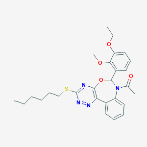 molecular formula C27H32N4O4S B307842 1-[6-(3-ethoxy-2-methoxyphenyl)-3-(hexylsulfanyl)[1,2,4]triazino[5,6-d][3,1]benzoxazepin-7(6H)-yl]ethanone 