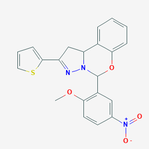 molecular formula C21H17N3O4S B307844 5-(2-Methoxy-5-nitrophenyl)-2-(thiophen-2-yl)-1,10b-dihydropyrazolo[1,5-c][1,3]benzoxazine 