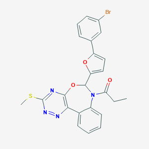 molecular formula C24H19BrN4O3S B307846 6-[5-(3-Bromophenyl)-2-furyl]-3-(methylthio)-7-propionyl-6,7-dihydro[1,2,4]triazino[5,6-d][3,1]benzoxazepine 
