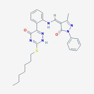 molecular formula C27H30N6O2S B307850 3-heptylsulfanyl-6-[2-[[(Z)-(3-methyl-5-oxo-1-phenylpyrazol-4-ylidene)methyl]amino]phenyl]-2H-1,2,4-triazin-5-one 