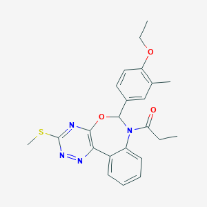 molecular formula C23H24N4O3S B307851 Ethyl 2-methyl-4-[3-(methylsulfanyl)-7-propionyl-6,7-dihydro[1,2,4]triazino[5,6-d][3,1]benzoxazepin-6-yl]phenyl ether 