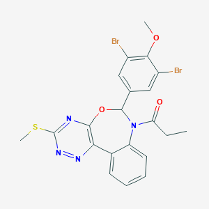 molecular formula C21H18Br2N4O3S B307857 6-(3,5-Dibromo-4-methoxyphenyl)-3-(methylsulfanyl)-7-propionyl-6,7-dihydro[1,2,4]triazino[5,6-d][3,1]benzoxazepine 