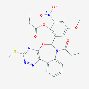 molecular formula C24H23N5O7S B307858 2-Nitro-4-methoxy-6-[3-(methylsulfanyl)-7-propionyl-6,7-dihydro[1,2,4]triazino[5,6-d][3,1]benzoxazepin-6-yl]phenyl propionate 