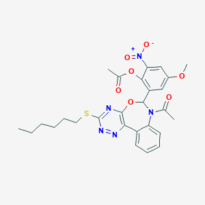 molecular formula C27H29N5O7S B307859 2-[7-Acetyl-3-(hexylsulfanyl)-6,7-dihydro[1,2,4]triazino[5,6-d][3,1]benzoxazepin-6-yl]-4-methoxy-6-nitrophenyl acetate 