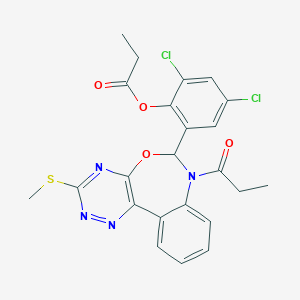 molecular formula C23H20Cl2N4O4S B307861 2,4-Dichloro-6-[3-(methylsulfanyl)-7-propanoyl-6,7-dihydro[1,2,4]triazino[5,6-d][3,1]benzoxazepin-6-yl]phenyl propanoate 