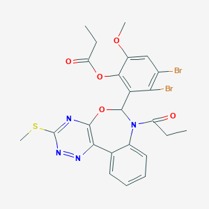 molecular formula C24H22Br2N4O5S B307863 3,4-Dibromo-6-methoxy-2-[3-(methylsulfanyl)-7-propanoyl-6,7-dihydro[1,2,4]triazino[5,6-d][3,1]benzoxazepin-6-yl]phenyl propanoate 