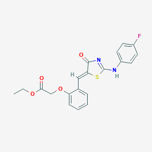 molecular formula C20H17FN2O4S B307864 ethyl 2-[2-[(Z)-[2-(4-fluoroanilino)-4-oxo-1,3-thiazol-5-ylidene]methyl]phenoxy]acetate 