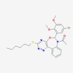 molecular formula C26H29BrN4O4S B307865 1-[6-(5-bromo-2,3-dimethoxyphenyl)-3-(hexylsulfanyl)[1,2,4]triazino[5,6-d][3,1]benzoxazepin-7(6H)-yl]ethanone 