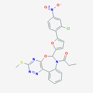 molecular formula C24H18ClN5O5S B307867 6-(5-{2-Chloro-4-nitrophenyl}-2-furyl)-3-(methylsulfanyl)-7-propionyl-6,7-dihydro[1,2,4]triazino[5,6-d][3,1]benzoxazepine 
