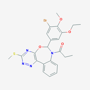 molecular formula C23H23BrN4O4S B307871 6-(3-Bromo-5-ethoxy-4-methoxyphenyl)-3-(methylsulfanyl)-7-propionyl-6,7-dihydro[1,2,4]triazino[5,6-d][3,1]benzoxazepine 