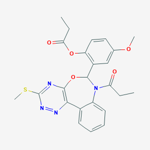 molecular formula C24H24N4O5S B307873 4-Methoxy-2-[3-(methylsulfanyl)-7-propanoyl-6,7-dihydro[1,2,4]triazino[5,6-d][3,1]benzoxazepin-6-yl]phenyl propanoate 