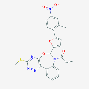 molecular formula C25H21N5O5S B307874 6-(5-{4-Nitro-2-methylphenyl}-2-furyl)-3-(methylsulfanyl)-7-propionyl-6,7-dihydro[1,2,4]triazino[5,6-d][3,1]benzoxazepine 