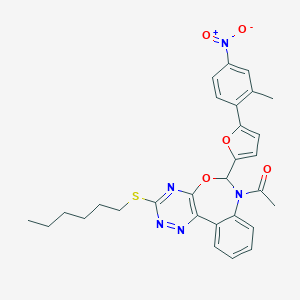 molecular formula C29H29N5O5S B307879 1-[3-(hexylsulfanyl)-6-[5-(2-methyl-4-nitrophenyl)furan-2-yl][1,2,4]triazino[5,6-d][3,1]benzoxazepin-7(6H)-yl]ethanone 