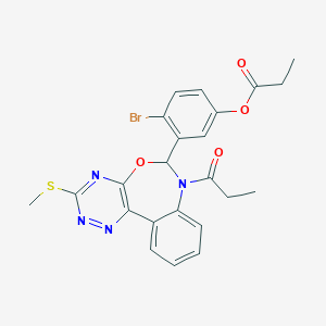 molecular formula C23H21BrN4O4S B307881 4-Bromo-3-[3-(methylsulfanyl)-7-propanoyl-6,7-dihydro[1,2,4]triazino[5,6-d][3,1]benzoxazepin-6-yl]phenyl propanoate 