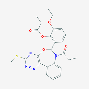 molecular formula C25H26N4O5S B307883 2-Ethoxy-6-[3-(methylsulfanyl)-7-propanoyl-6,7-dihydro[1,2,4]triazino[5,6-d][3,1]benzoxazepin-6-yl]phenyl propanoate 