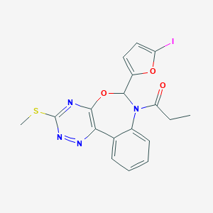 molecular formula C18H15IN4O3S B307901 6-(5-Iodo-2-furyl)-3-(methylsulfanyl)-7-propionyl-6,7-dihydro[1,2,4]triazino[5,6-d][3,1]benzoxazepine 
