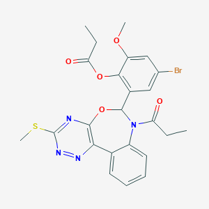 molecular formula C24H23BrN4O5S B307908 4-Bromo-2-methoxy-6-[3-(methylsulfanyl)-7-propanoyl-6,7-dihydro[1,2,4]triazino[5,6-d][3,1]benzoxazepin-6-yl]phenyl propanoate 