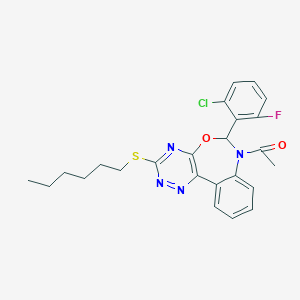 molecular formula C24H24ClFN4O2S B307911 1-[6-(2-chloro-6-fluorophenyl)-3-(hexylsulfanyl)[1,2,4]triazino[5,6-d][3,1]benzoxazepin-7(6H)-yl]ethanone 