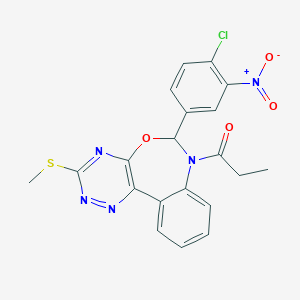 molecular formula C20H16ClN5O4S B307912 6-{4-Chloro-3-nitrophenyl}-3-(methylsulfanyl)-7-propionyl-6,7-dihydro[1,2,4]triazino[5,6-d][3,1]benzoxazepine 