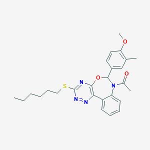 molecular formula C26H30N4O3S B307920 1-[3-(hexylsulfanyl)-6-(4-methoxy-3-methylphenyl)[1,2,4]triazino[5,6-d][3,1]benzoxazepin-7(6H)-yl]ethanone 