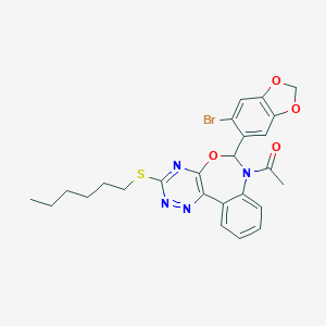 molecular formula C25H25BrN4O4S B307922 1-[6-(6-bromo-1,3-benzodioxol-5-yl)-3-(hexylsulfanyl)[1,2,4]triazino[5,6-d][3,1]benzoxazepin-7(6H)-yl]ethanone 