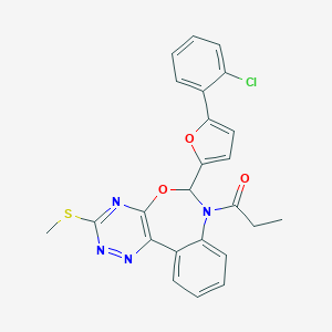 molecular formula C24H19ClN4O3S B307927 6-[5-(2-Chlorophenyl)-2-furyl]-3-(methylthio)-7-propionyl-6,7-dihydro[1,2,4]triazino[5,6-d][3,1]benzoxazepine 