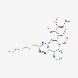 molecular formula C27H32N4O5S B307928 1-[3-(hexylsulfanyl)-6-(2,3,4-trimethoxyphenyl)[1,2,4]triazino[5,6-d][3,1]benzoxazepin-7(6H)-yl]ethanone 