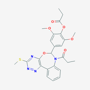 molecular formula C25H26N4O6S B307931 2,6-Dimethoxy-4-[3-(methylsulfanyl)-7-propanoyl-6,7-dihydro[1,2,4]triazino[5,6-d][3,1]benzoxazepin-6-yl]phenyl propanoate 