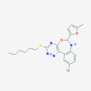 molecular formula C21H23BrN4O2S B307934 10-Bromo-3-(hexylthio)-6-(5-methyl-2-furyl)-6,7-dihydro[1,2,4]triazino[5,6-d][3,1]benzoxazepine 