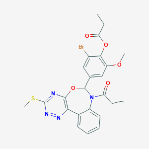 molecular formula C24H23BrN4O5S B307936 2-Bromo-6-methoxy-4-[3-(methylsulfanyl)-7-propanoyl-6,7-dihydro[1,2,4]triazino[5,6-d][3,1]benzoxazepin-6-yl]phenyl propanoate 