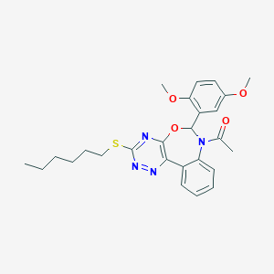 molecular formula C26H30N4O4S B307937 1-[6-(2,5-dimethoxyphenyl)-3-(hexylsulfanyl)[1,2,4]triazino[5,6-d][3,1]benzoxazepin-7(6H)-yl]ethanone 