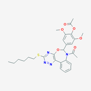 molecular formula C28H32N4O6S B307939 4-[7-Acetyl-3-(hexylsulfanyl)-6,7-dihydro[1,2,4]triazino[5,6-d][3,1]benzoxazepin-6-yl]-2,6-dimethoxyphenyl acetate 