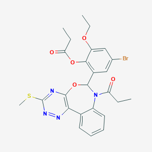 molecular formula C25H25BrN4O5S B307941 4-Bromo-2-ethoxy-6-[3-(methylsulfanyl)-7-propanoyl-6,7-dihydro[1,2,4]triazino[5,6-d][3,1]benzoxazepin-6-yl]phenyl propanoate 