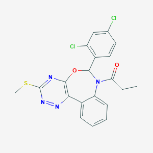 molecular formula C20H16Cl2N4O2S B307947 6-(2,4-Dichlorophenyl)-3-(methylsulfanyl)-7-propionyl-6,7-dihydro[1,2,4]triazino[5,6-d][3,1]benzoxazepine 