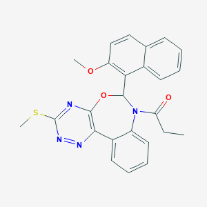 molecular formula C25H22N4O3S B307949 6-(2-Methoxy-1-naphthyl)-3-(methylsulfanyl)-7-propionyl-6,7-dihydro[1,2,4]triazino[5,6-d][3,1]benzoxazepine 