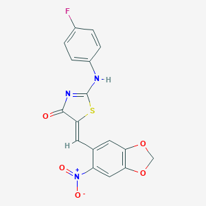 molecular formula C17H10FN3O5S B307953 (5Z)-2-(4-fluoroanilino)-5-[(6-nitro-1,3-benzodioxol-5-yl)methylidene]-1,3-thiazol-4-one 