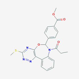 molecular formula C22H20N4O4S B307954 Methyl 4-[3-(methylsulfanyl)-7-propanoyl-6,7-dihydro[1,2,4]triazino[5,6-d][3,1]benzoxazepin-6-yl]benzoate 