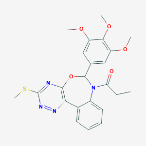 molecular formula C23H24N4O5S B307955 3-(Methylsulfanyl)-7-propionyl-6-(3,4,5-trimethoxyphenyl)-6,7-dihydro[1,2,4]triazino[5,6-d][3,1]benzoxazepine 